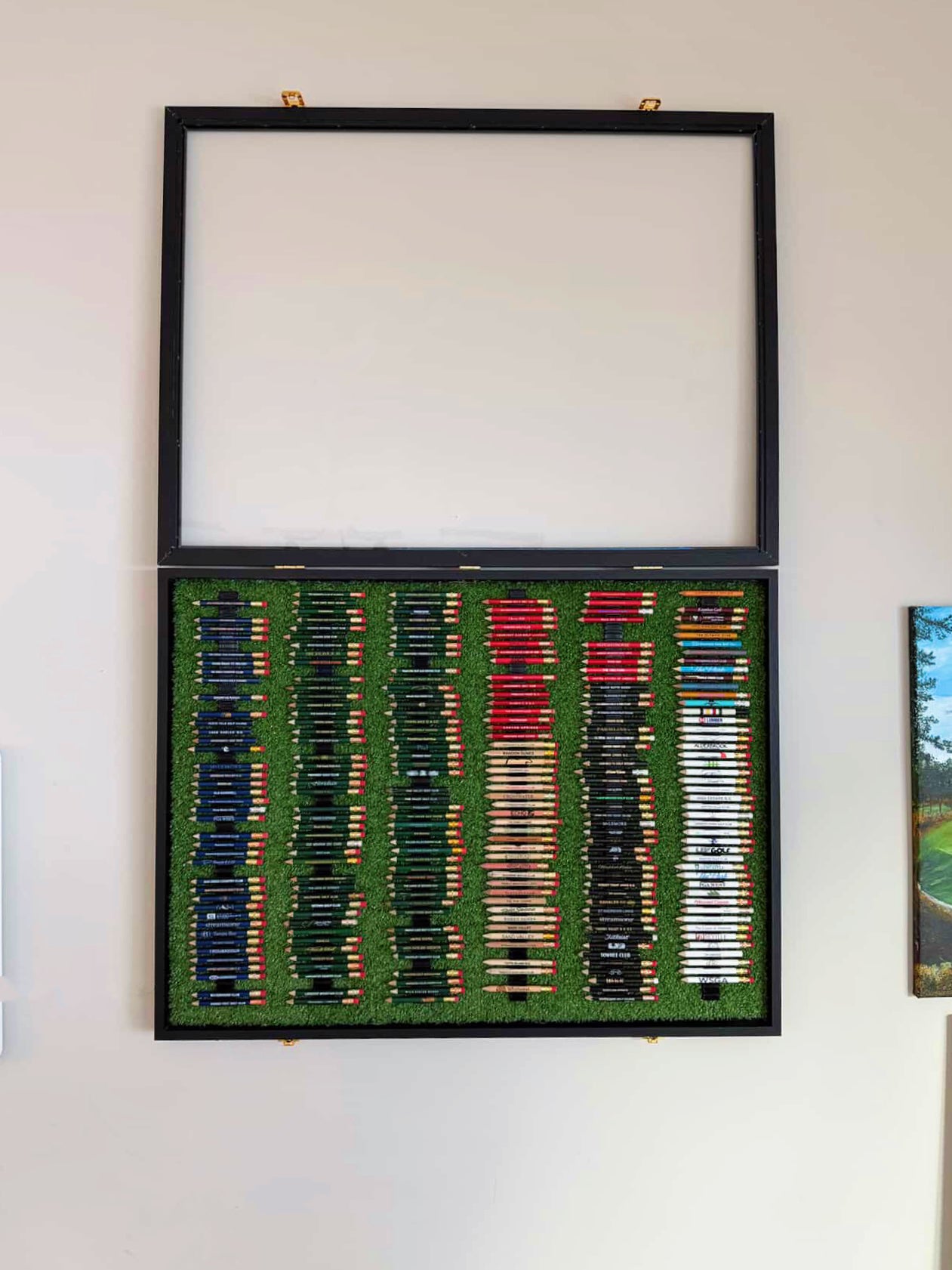 Golf Pencil Display Case – 288 Pencil Holder | 24x32 Wall Display | Black or Brown Wood Frame