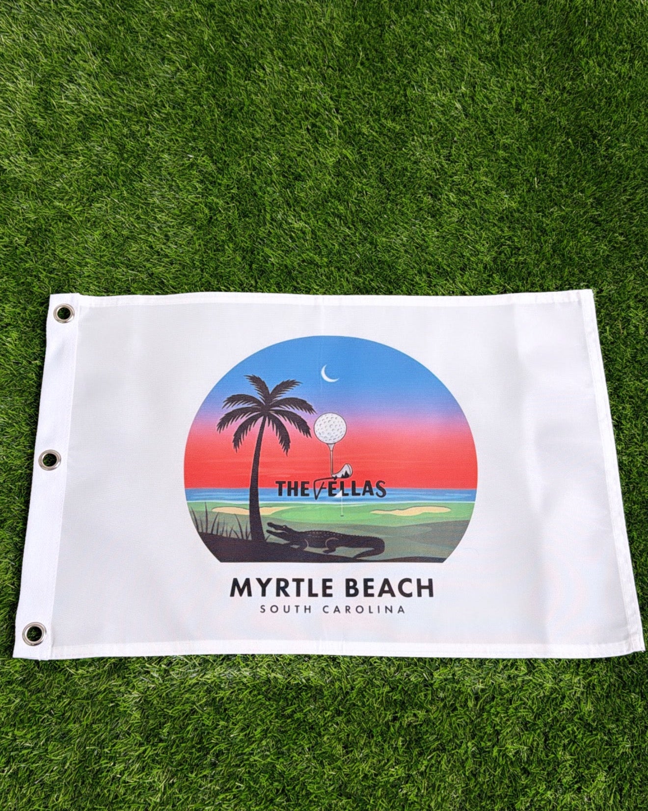 Custom pin flag with a scenic design on a grass background