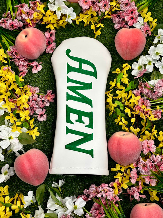 White headcover with 'Amen' text surrounded by peaches and flowers