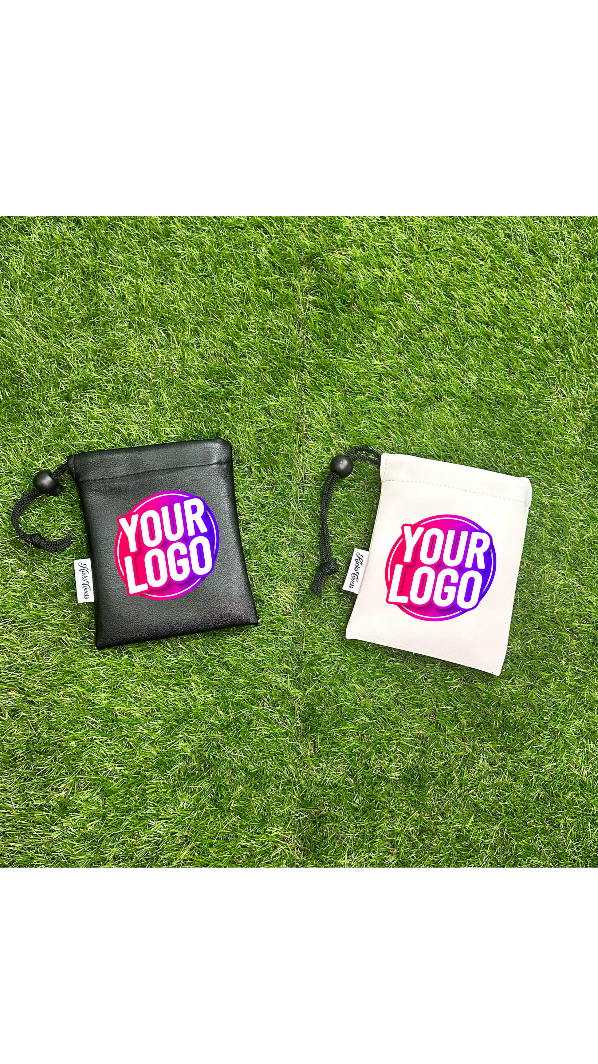 Two pouches with 'Your Logo' text on a grass background
