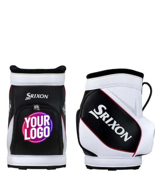 Two golf bags with 'Srixon' branding on a white background, promotional text for custom logo options.